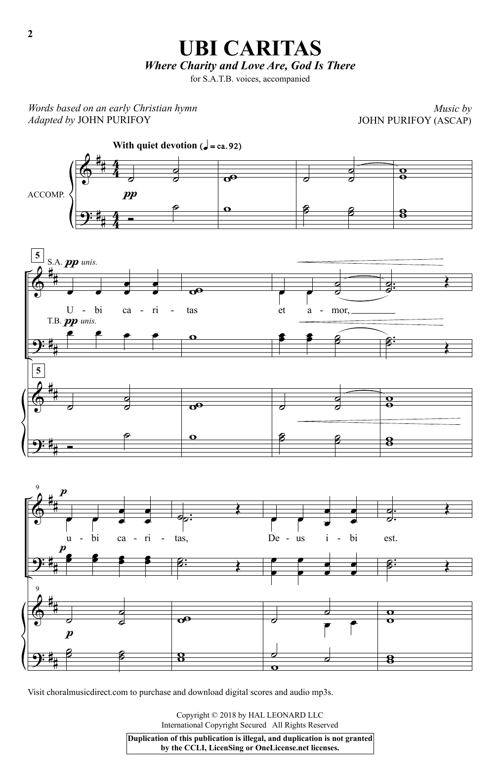 John Purifoy Ubi Caritas (Where Charity And Love Are, God Is There) Sheet Music