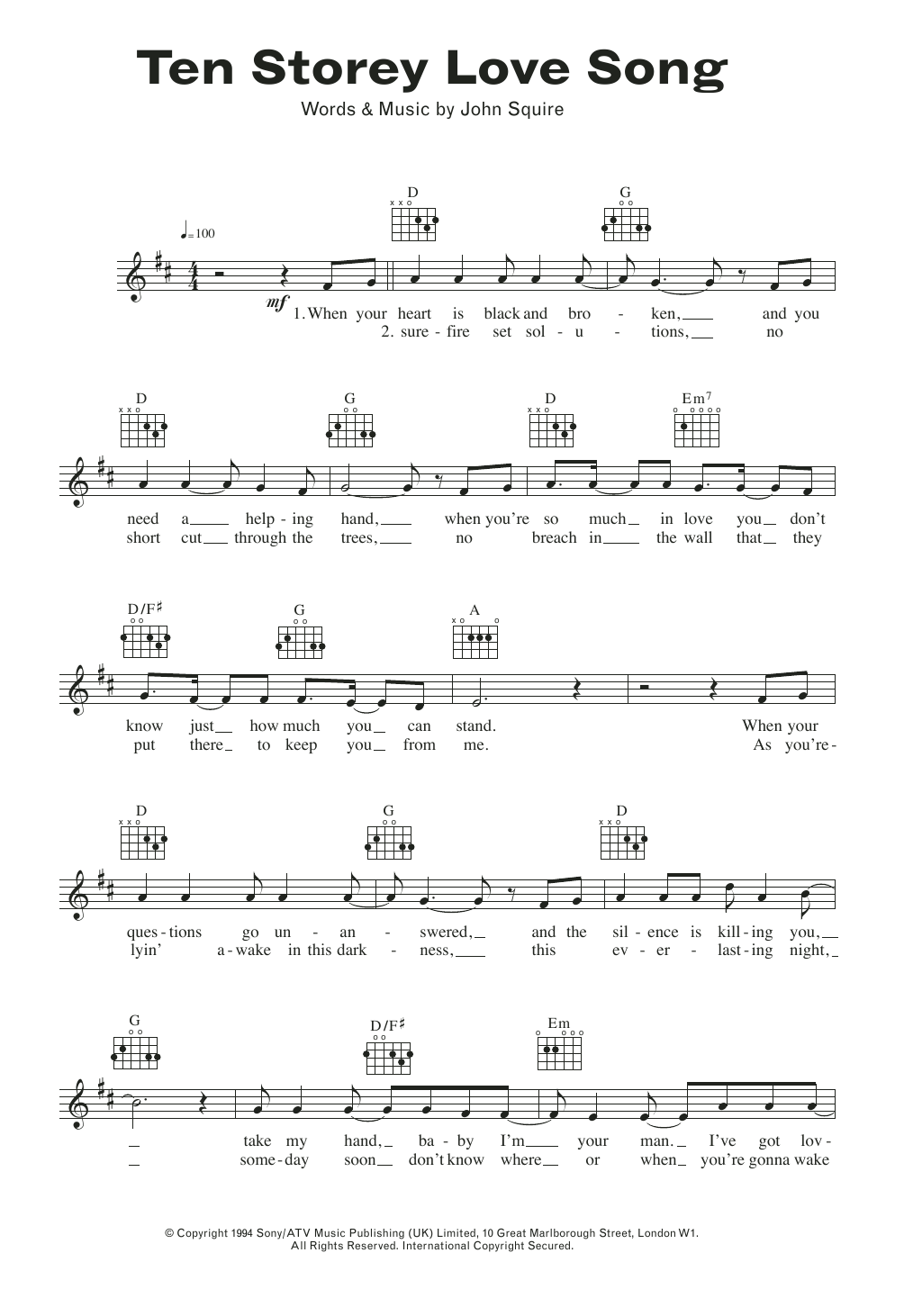John Squire Ten Storey Love Song Sheet Music
