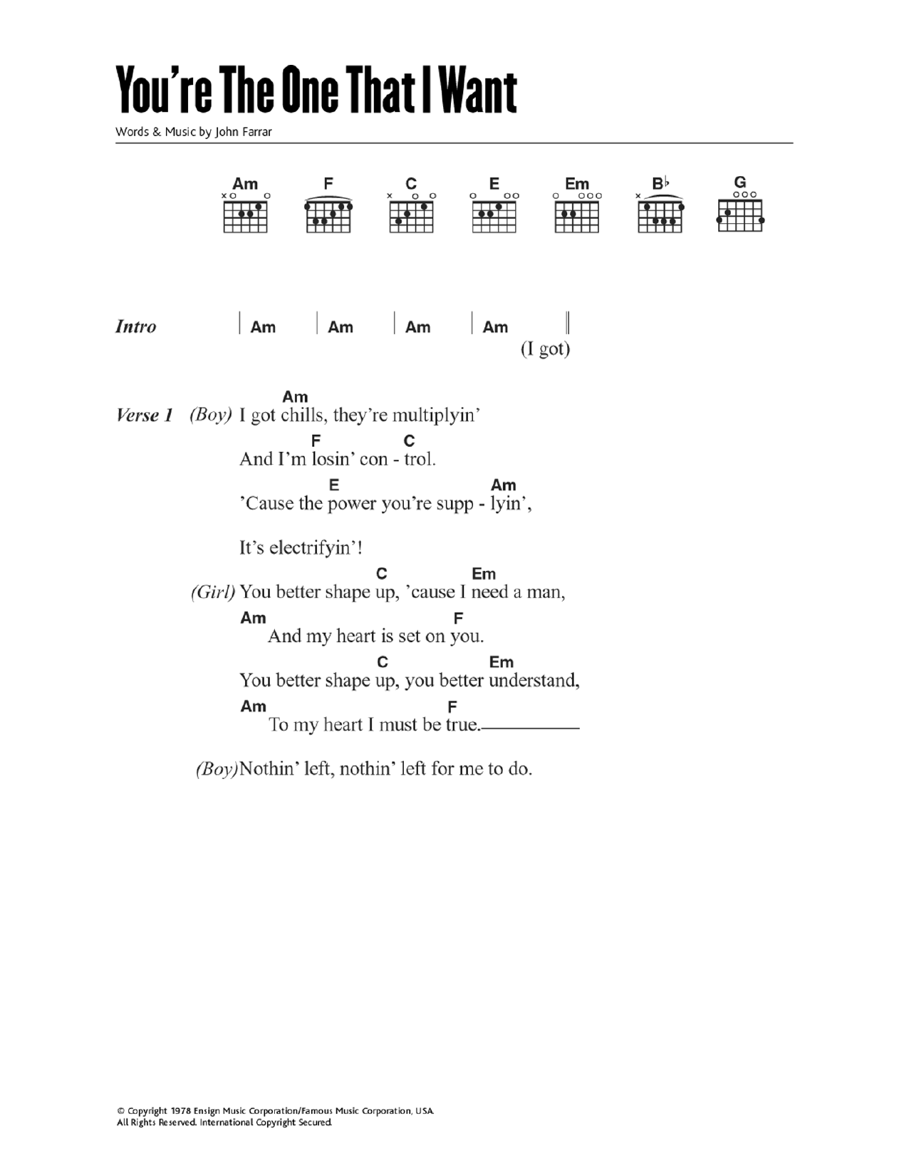 John Travolta You're The One That I Want (from Grease) Sheet Music