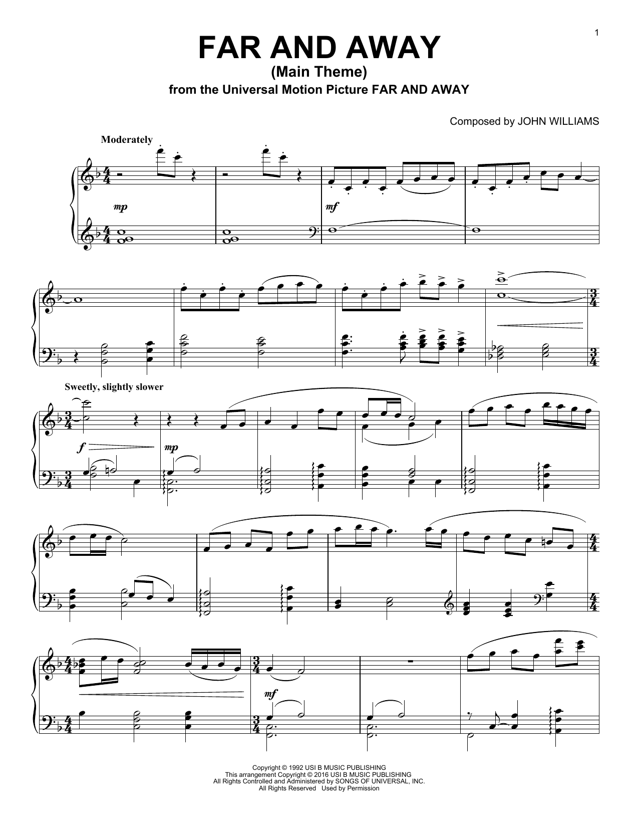 John Williams Far And Away (Main Theme) Sheet Music