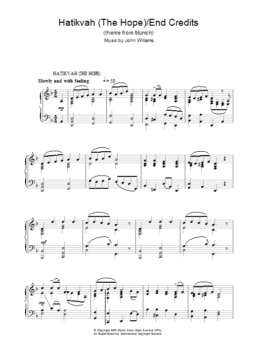 John Williams Hatikvah (The Hope)/End Credits (from Munich) Sheet Music