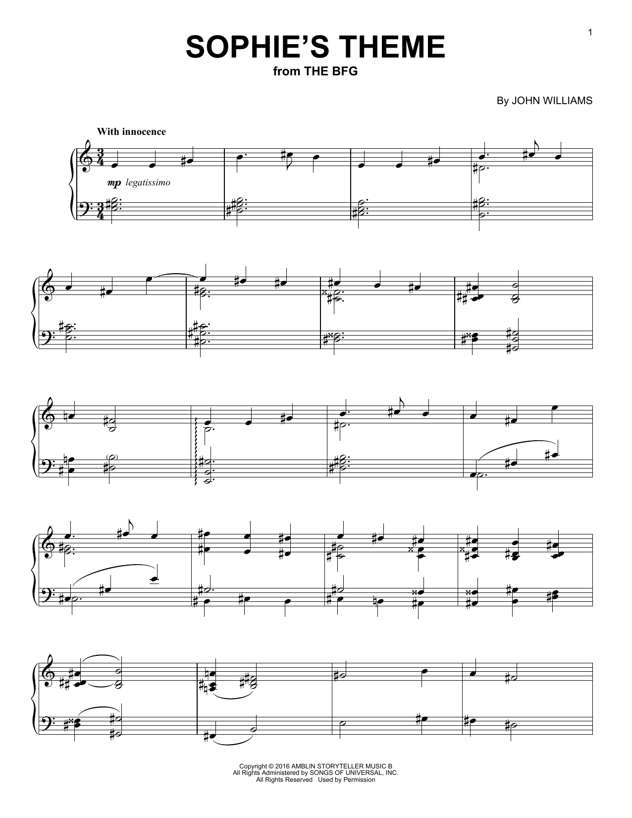 John Williams Sophie's Theme Sheet Music
