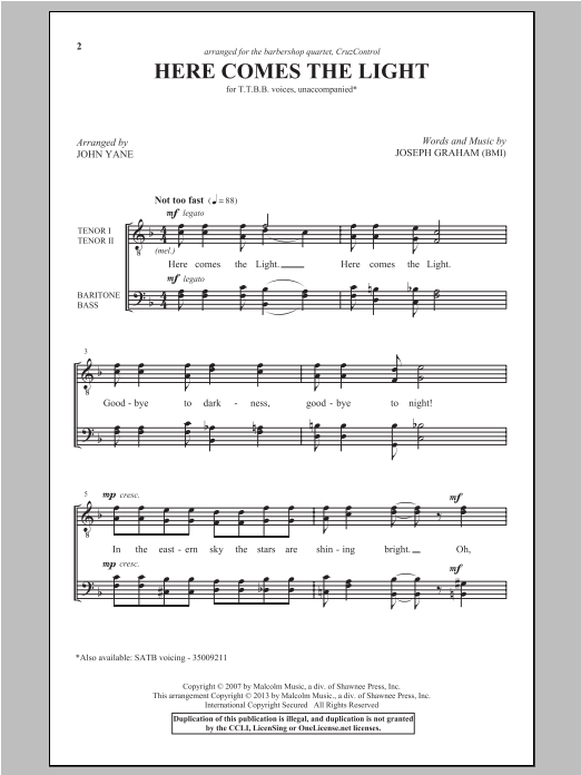 John Yane Here Comes The Light Sheet Music