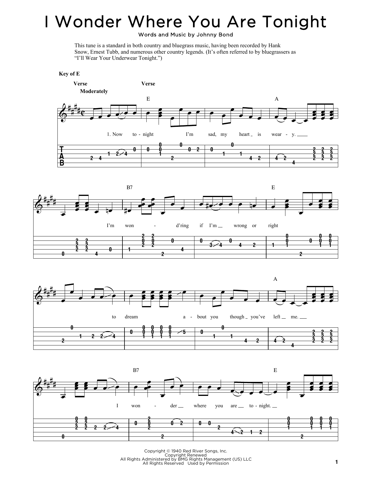 Johnny Bond I Wonder Where You Are Tonight (arr. Fred Sokolow) Sheet Music