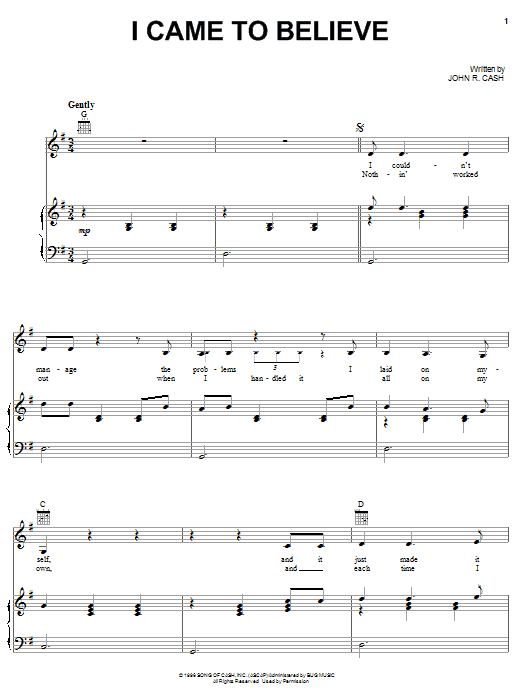 Johnny Cash I Came To Believe Sheet Music