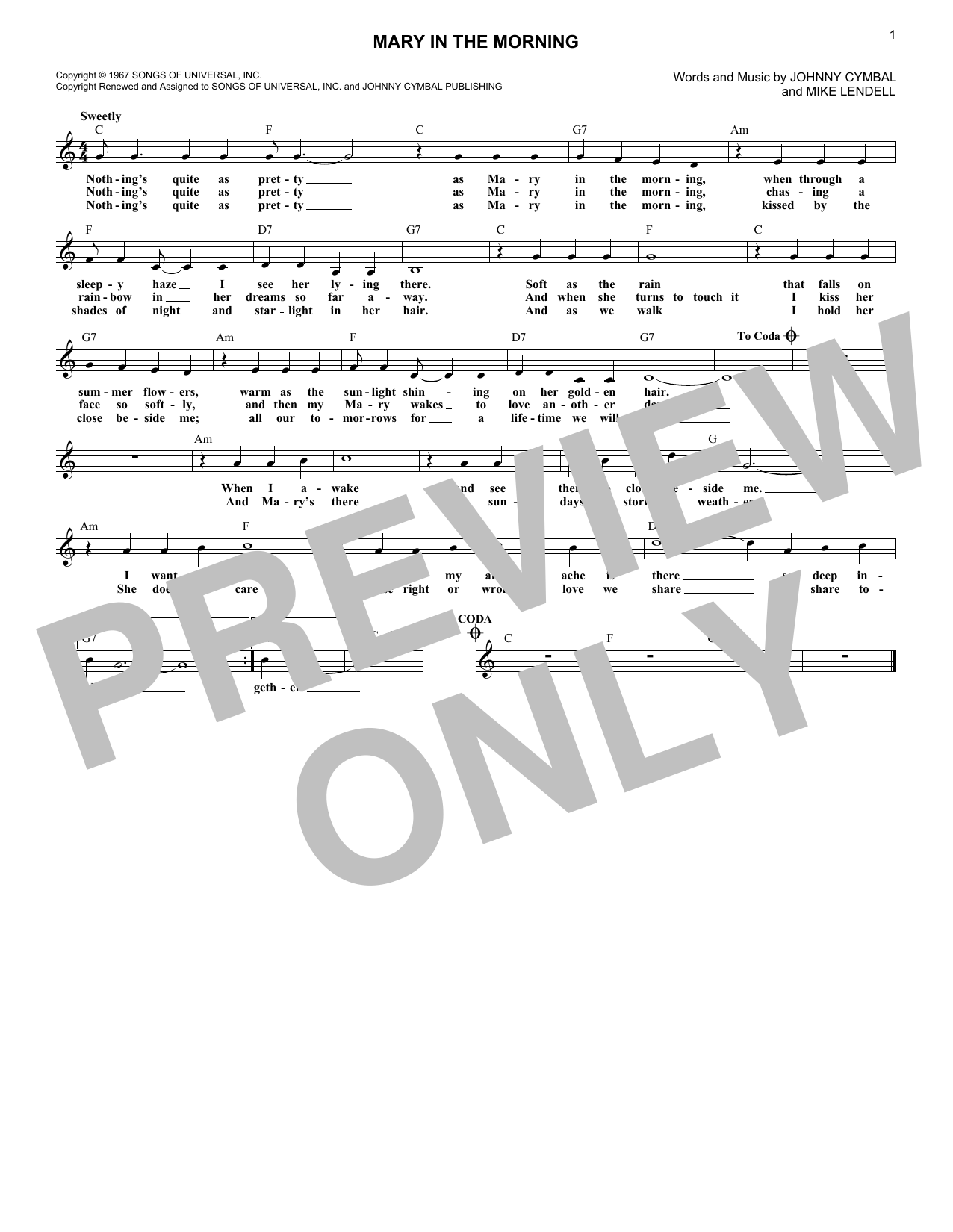 Johnny Cymbal Mary In The Morning Sheet Music