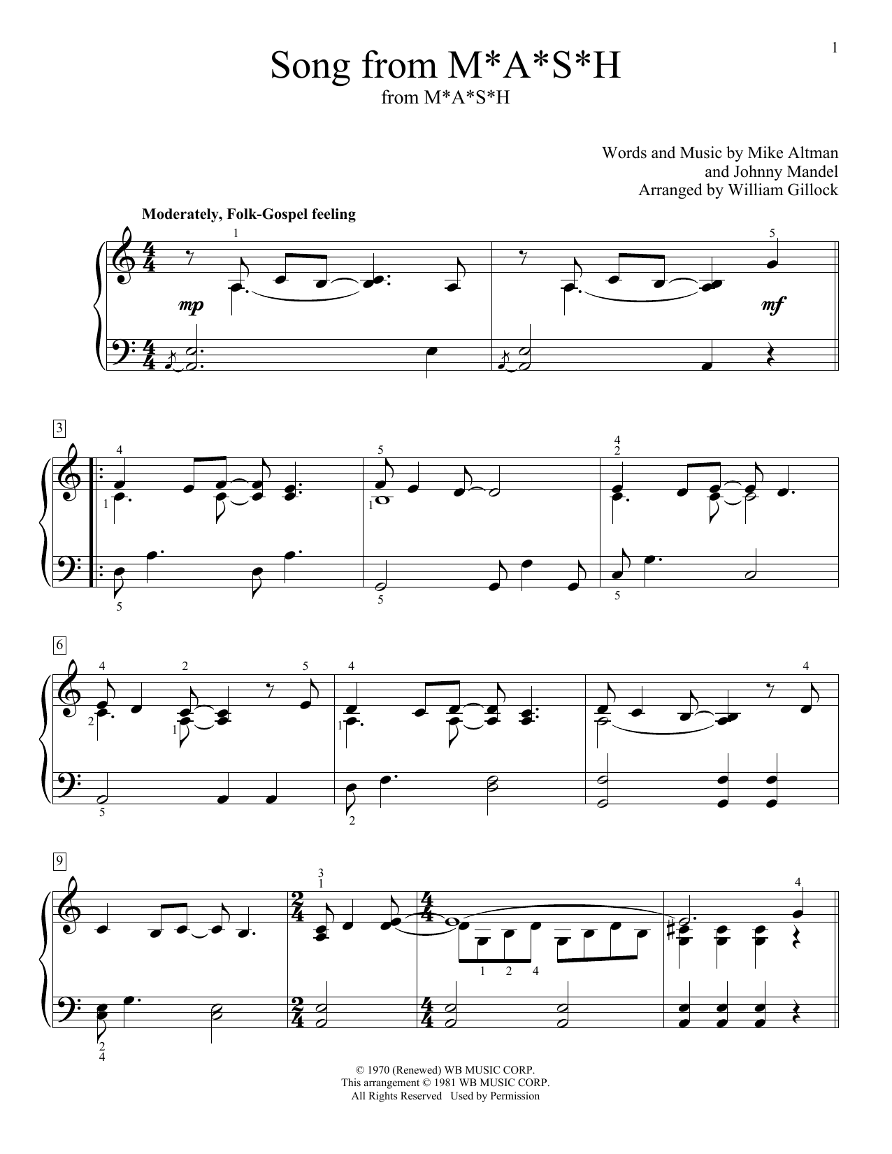 Johnny Mandel Song From M*A*S*H (Suicide Is Painless) (arr. William Gillock) Sheet Music