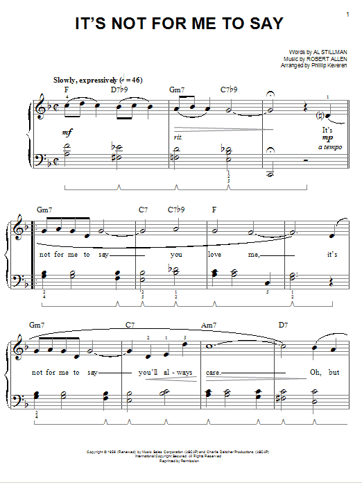 Johnny Mathis It's Not For Me To Say (arr. Phillip Keveren) Sheet Music