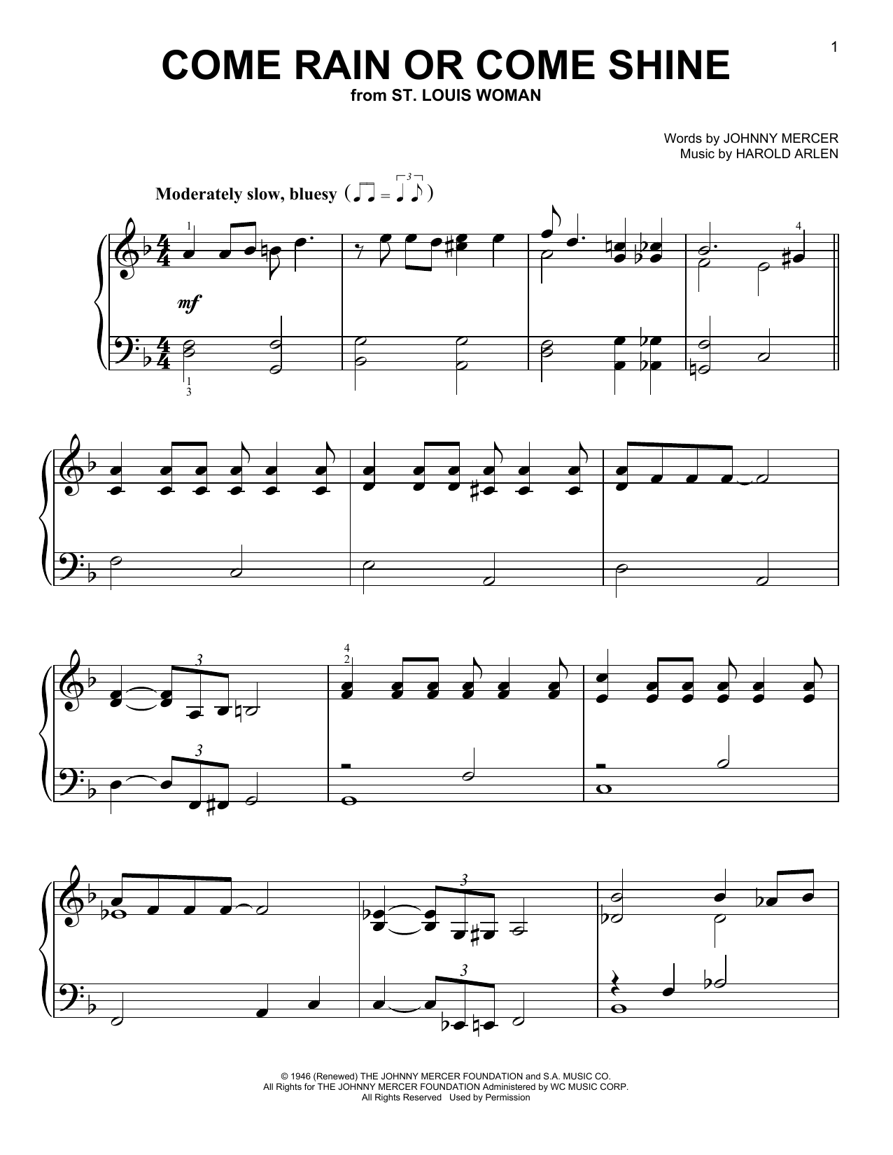 Johnny Mercer Come Rain Or Come Shine Sheet Music