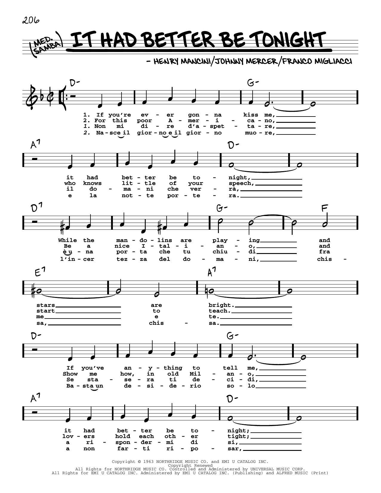Johnny Mercer It Had Better Be Tonight (High Voice) Sheet Music