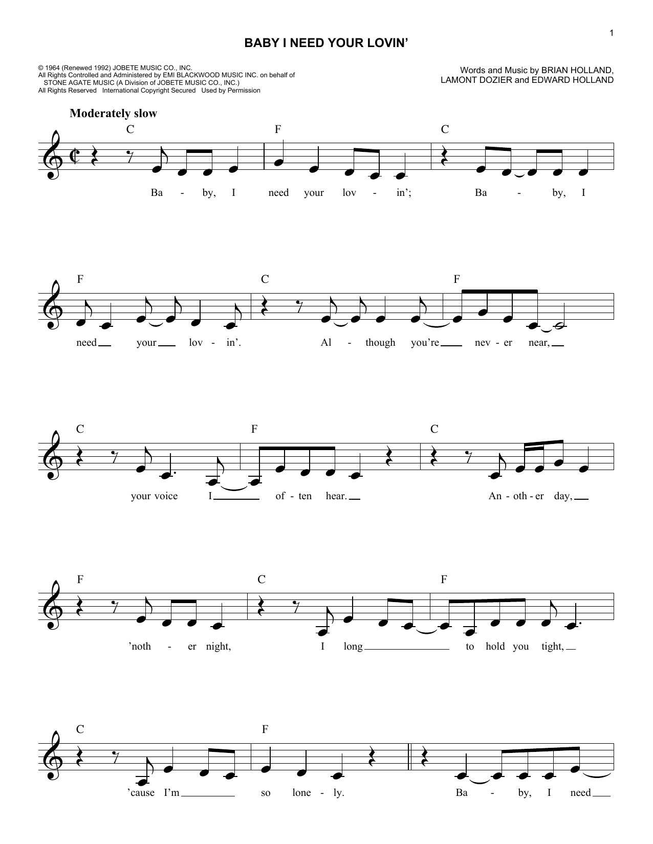 Johnny Rivers Baby I Need Your Lovin' Sheet Music