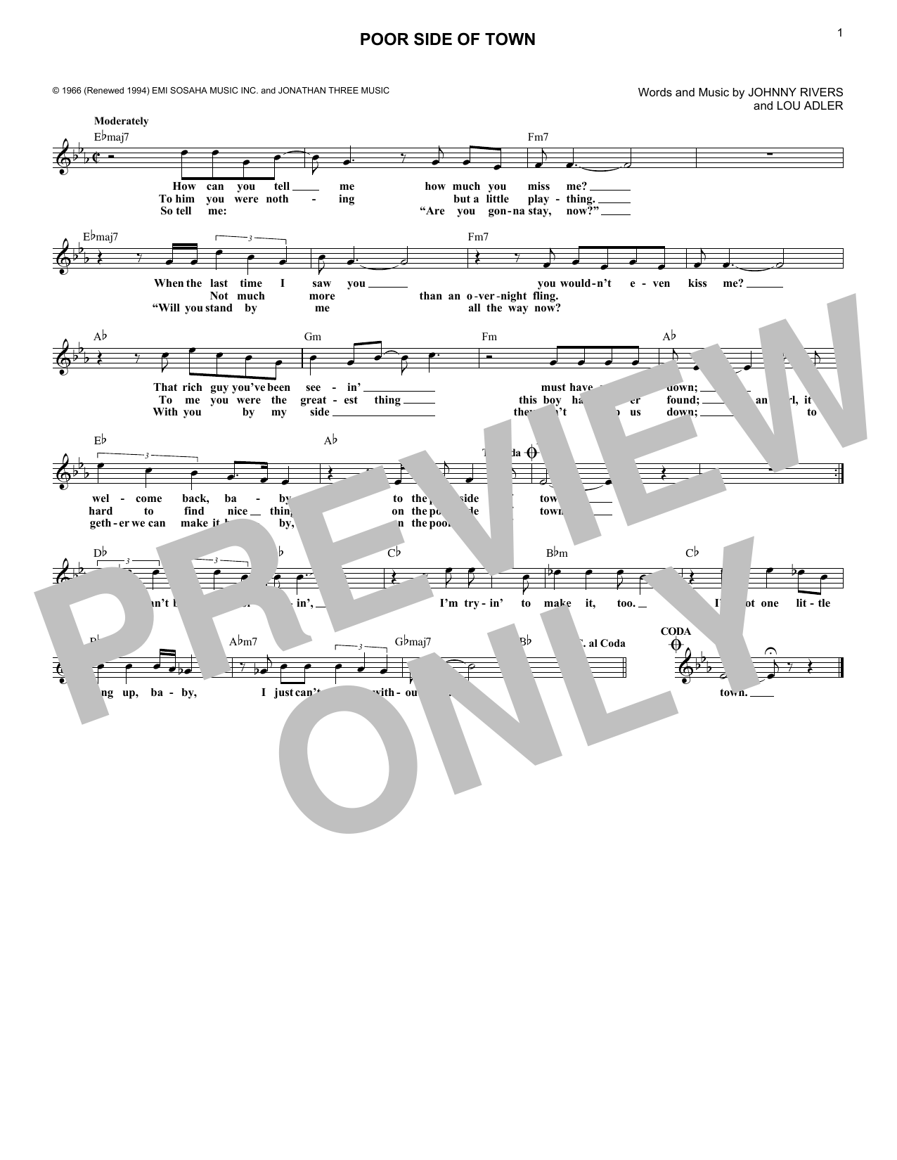 Johnny Rivers Poor Side Of Town Sheet Music