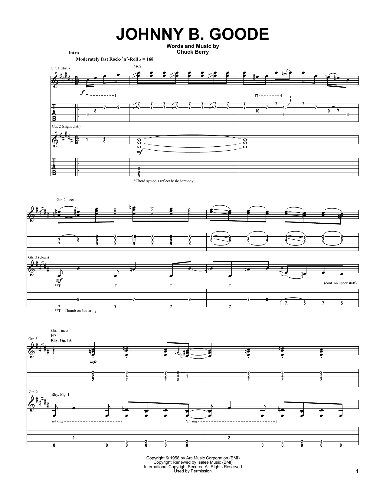 Johnny Winter Johnny B. Goode Sheet Music