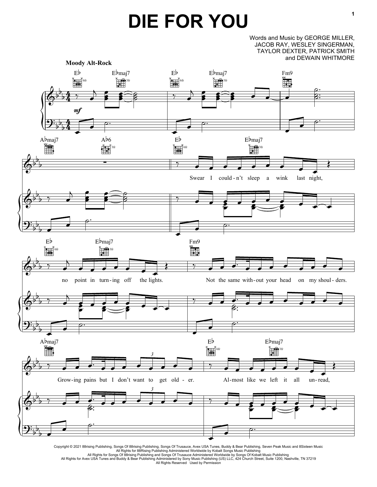 Joji Die For You Sheet Music