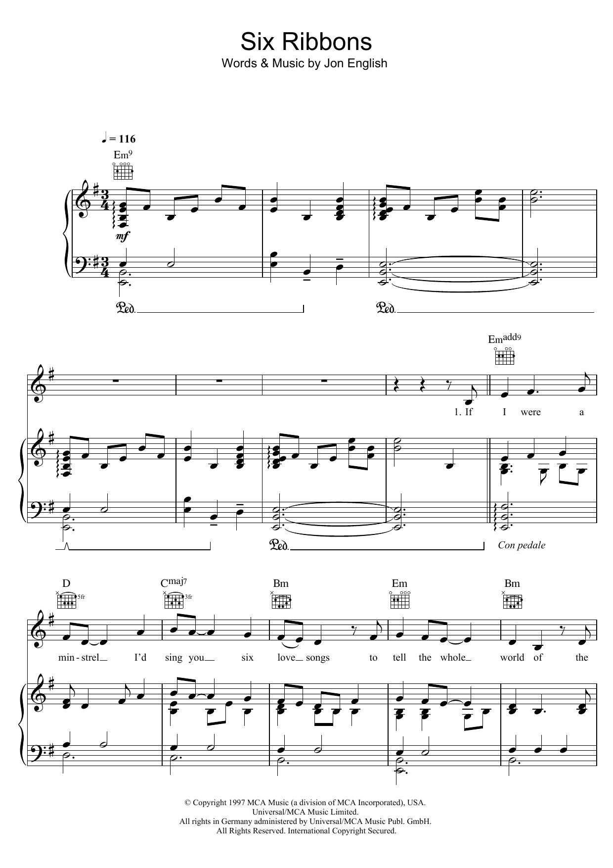 Jon English Six Ribbons Sheet Music
