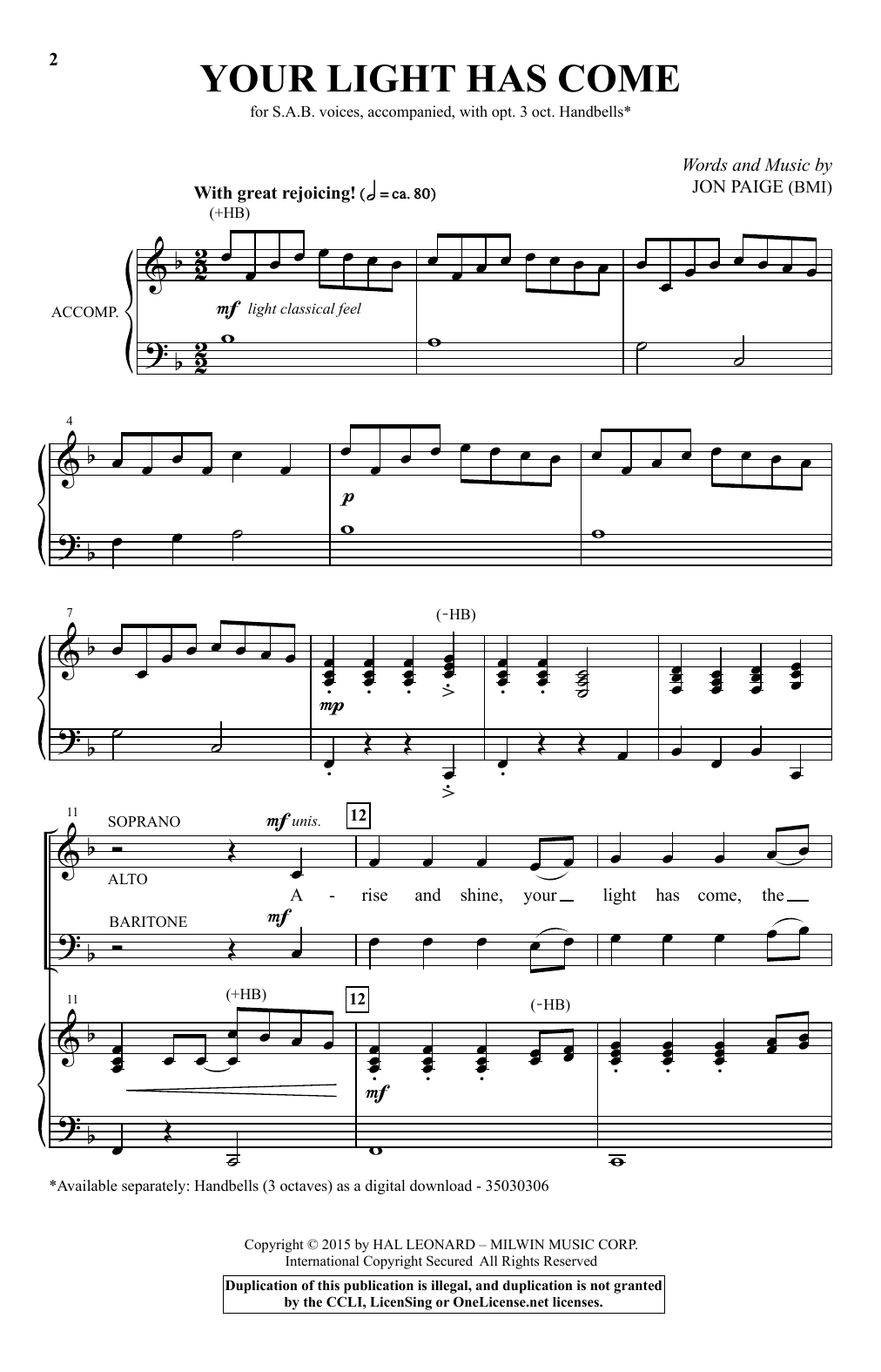 Jon Paige Your Light Has Come Sheet Music
