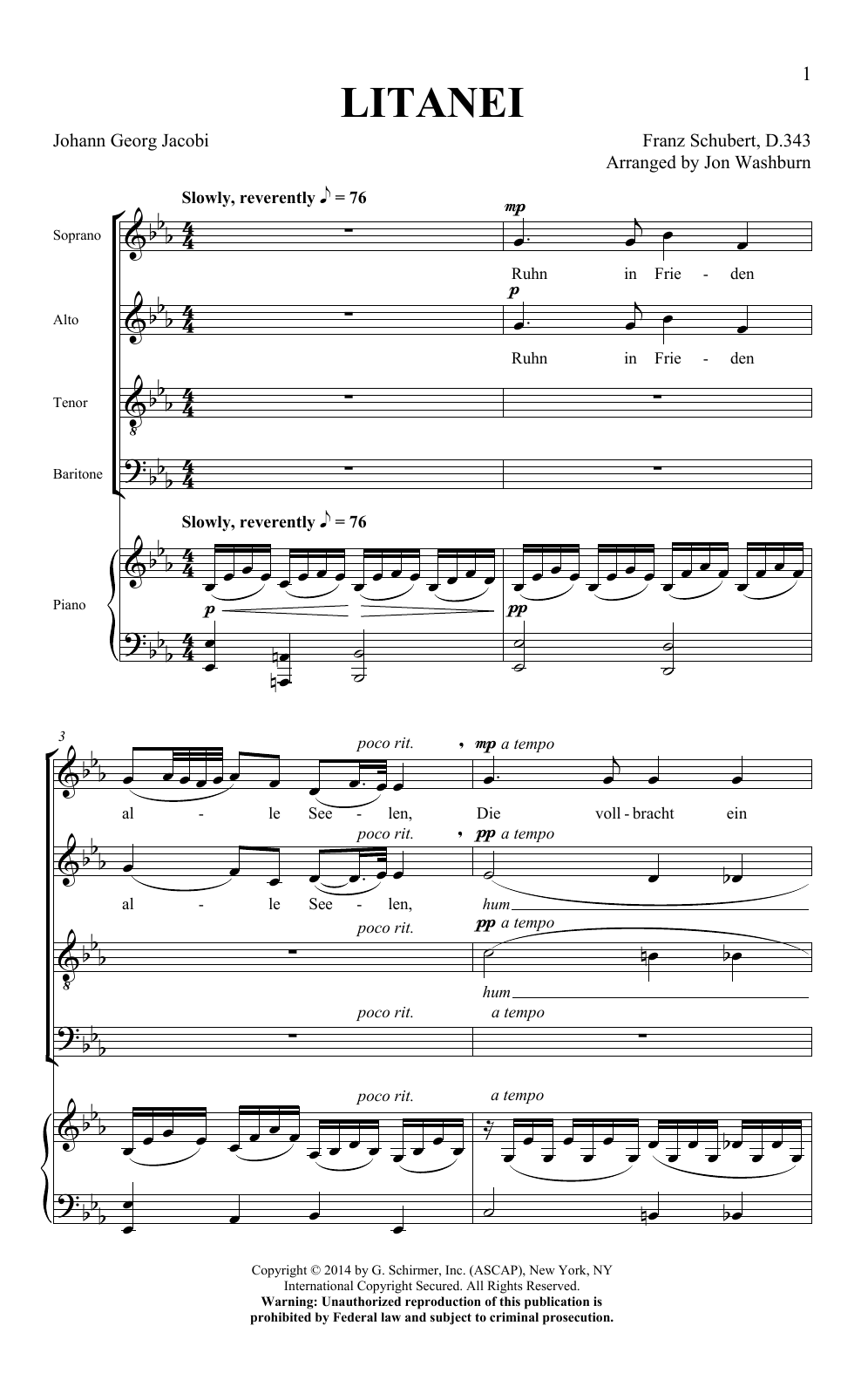 Jon Washburn Litanei Sheet Music