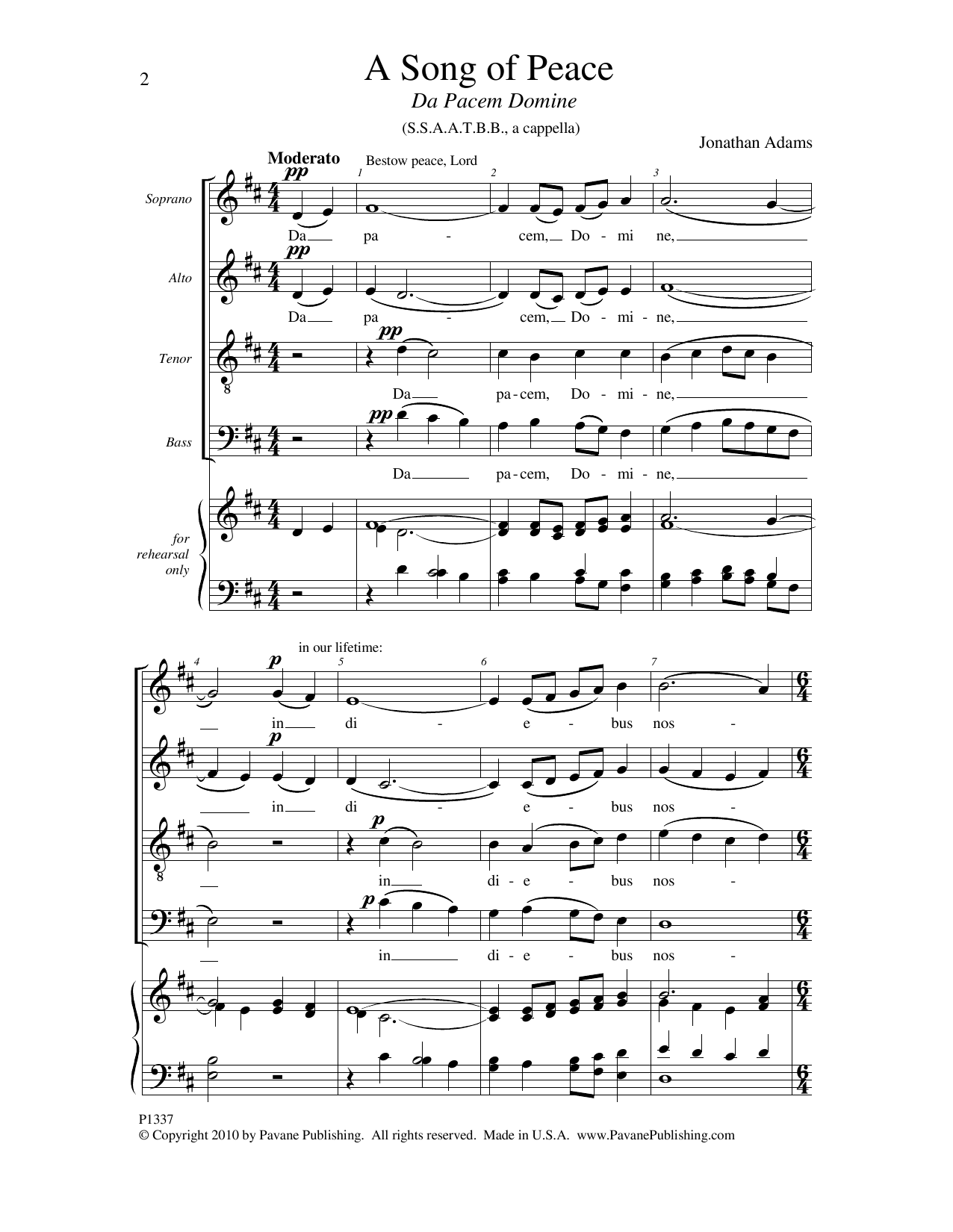 Jonathan Adams A Song Of Peace (Da Pacem Domine) Sheet Music