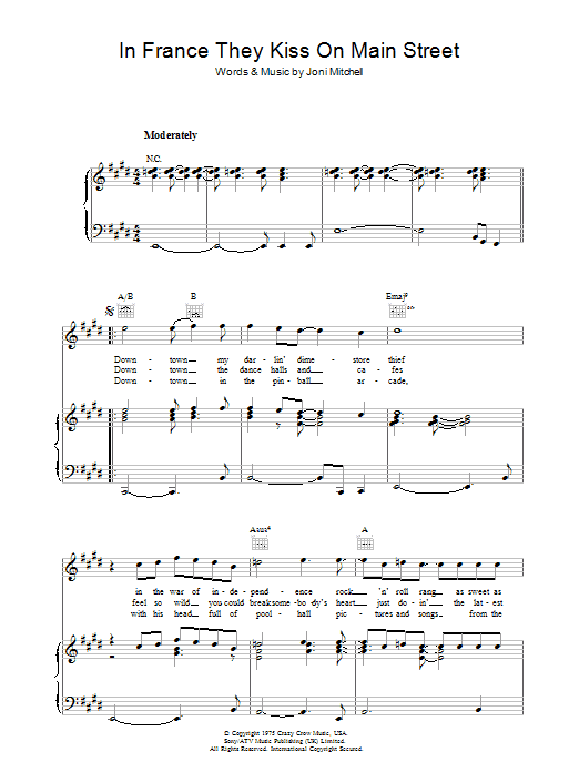 Joni Mitchell In France They Kiss On Main Street Sheet Music