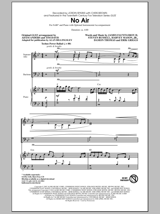 Jordin Sparks No Air (from Glee) (adapt. Alan Billingsley) Sheet Music