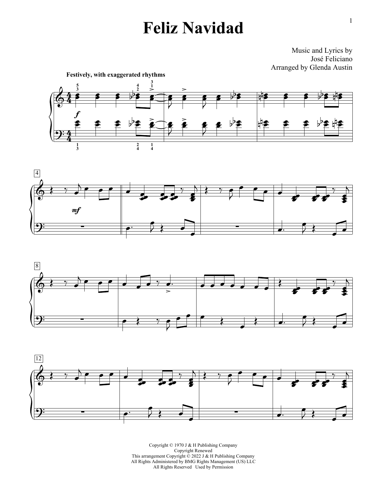 Jose Feliciano Feliz Navidad (arr. Glenda Austin) Sheet Music
