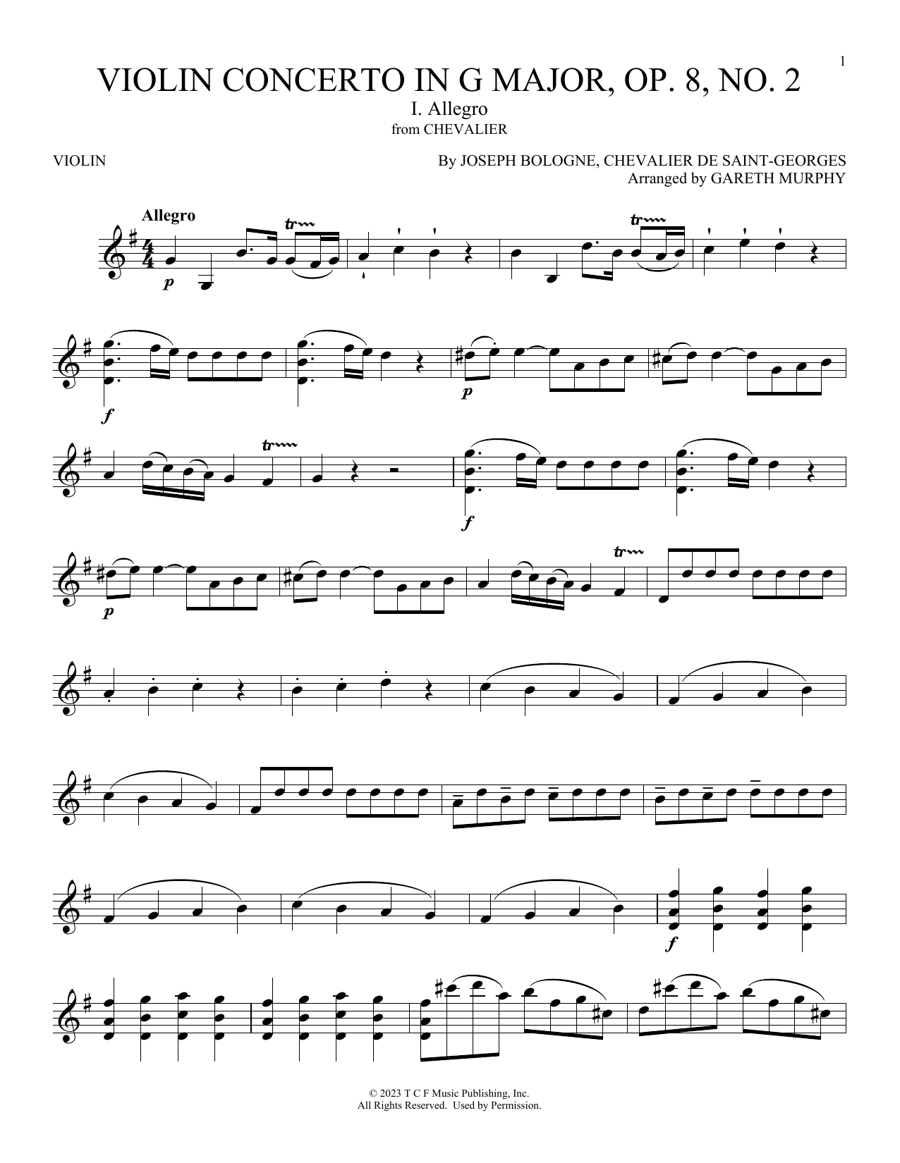 Joseph Bologne (Chevalier de Saint-Georges) Violin Concerto In G Major, Op. 8 No. 2: 1: Allegro (from Chevalier) Sheet Music