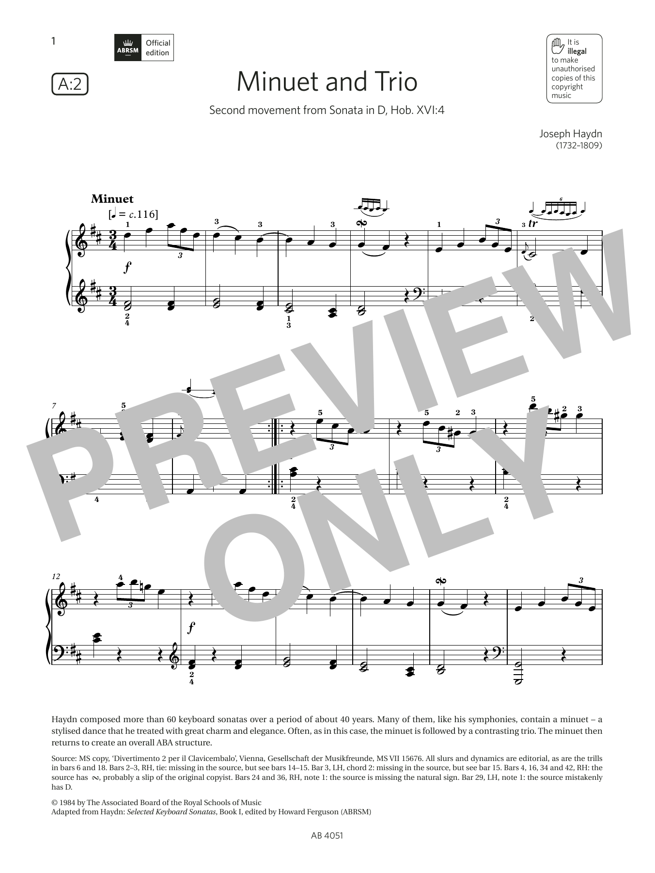Joseph Haydn Minuet and Trio (Grade 5, list A2, from the ABRSM Piano Syllabus 2023 & 2024) Sheet Music