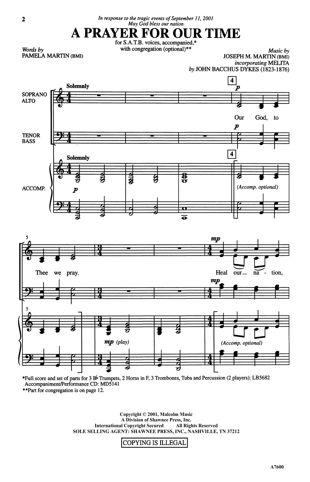 Joseph M. Martin A Prayer For Our Time (arr. Brant Adams) Sheet Music