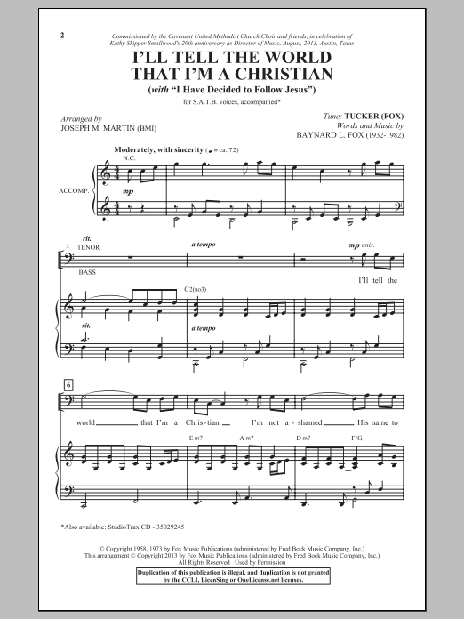 Joseph M. Martin I'll Tell The World That I'm A Christian Sheet Music