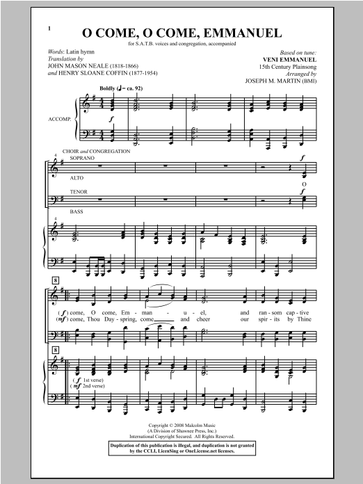 Joseph M. Martin O Come, O Come, Emmanuel (from Carols For Choir And Congregation) Sheet Music