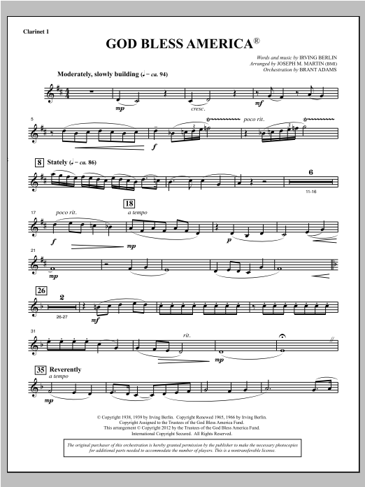 Joseph Martin God Bless America - Bb Clarinet 1 Sheet Music