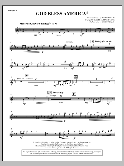 Joseph Martin God Bless America - Bb Trumpet 1 Sheet Music