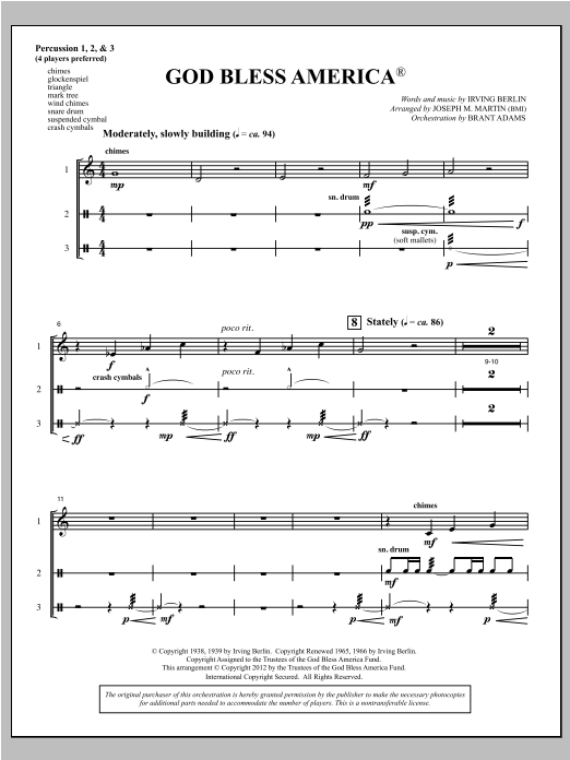 Joseph Martin God Bless America - Percussion 1,2,3 Sheet Music