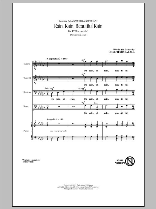 Joseph Shabalala Rain, Rain, Beautiful Rain Sheet Music