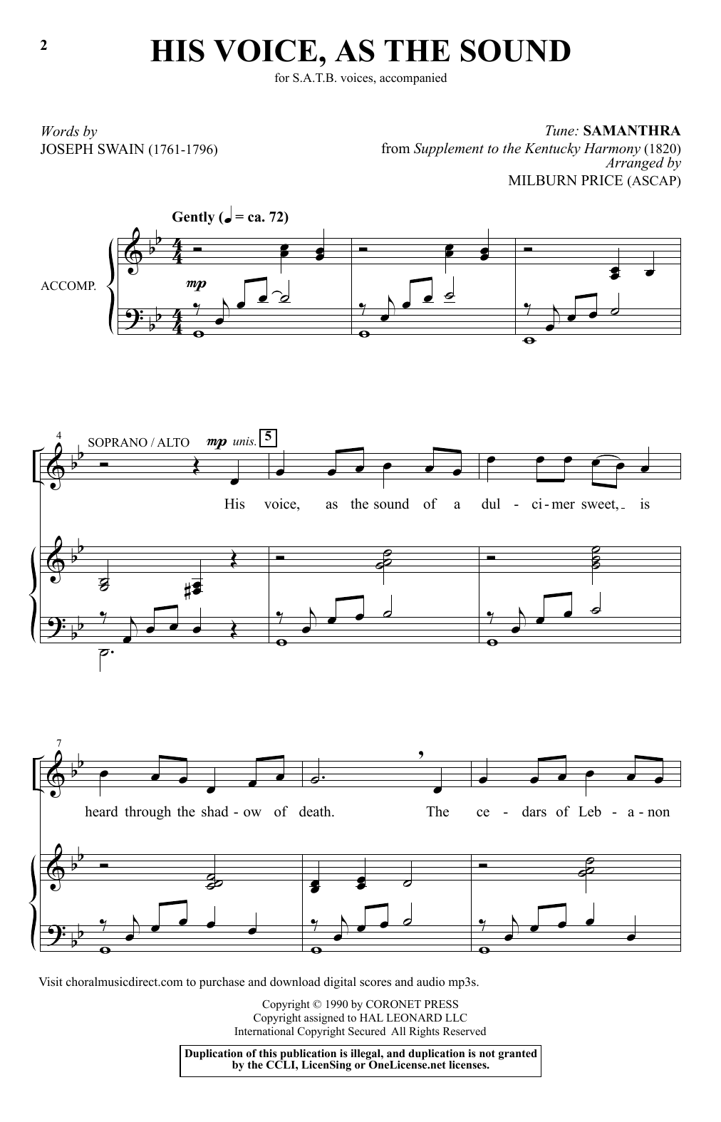 Joseph Swain His Voice As The Sound (arr. Milburn Price) Sheet Music