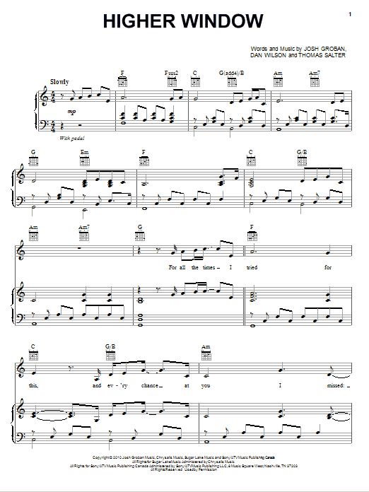 Josh Groban Higher Window Sheet Music
