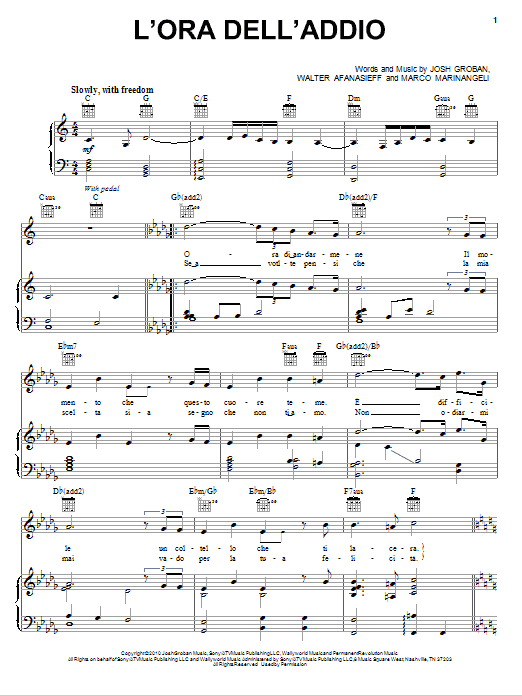 Josh Groban L'Ora Dell'Addio Sheet Music