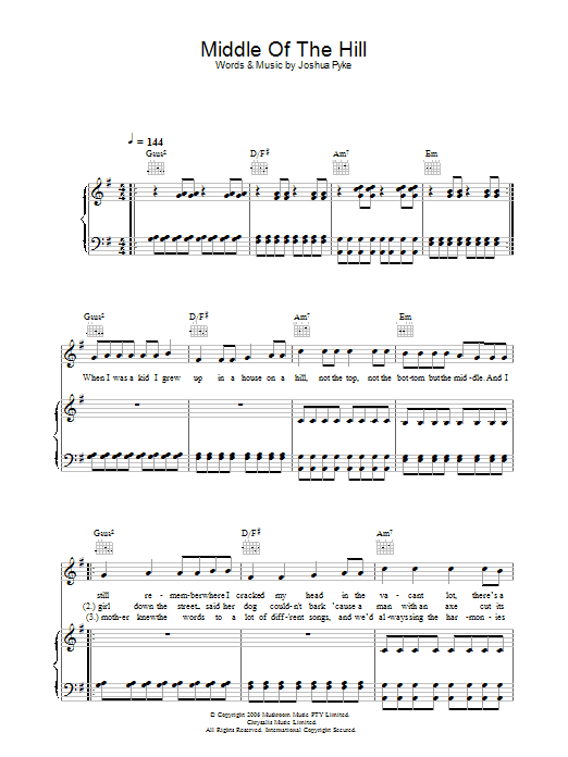 Josh Pyke Middle Of The Hill Sheet Music