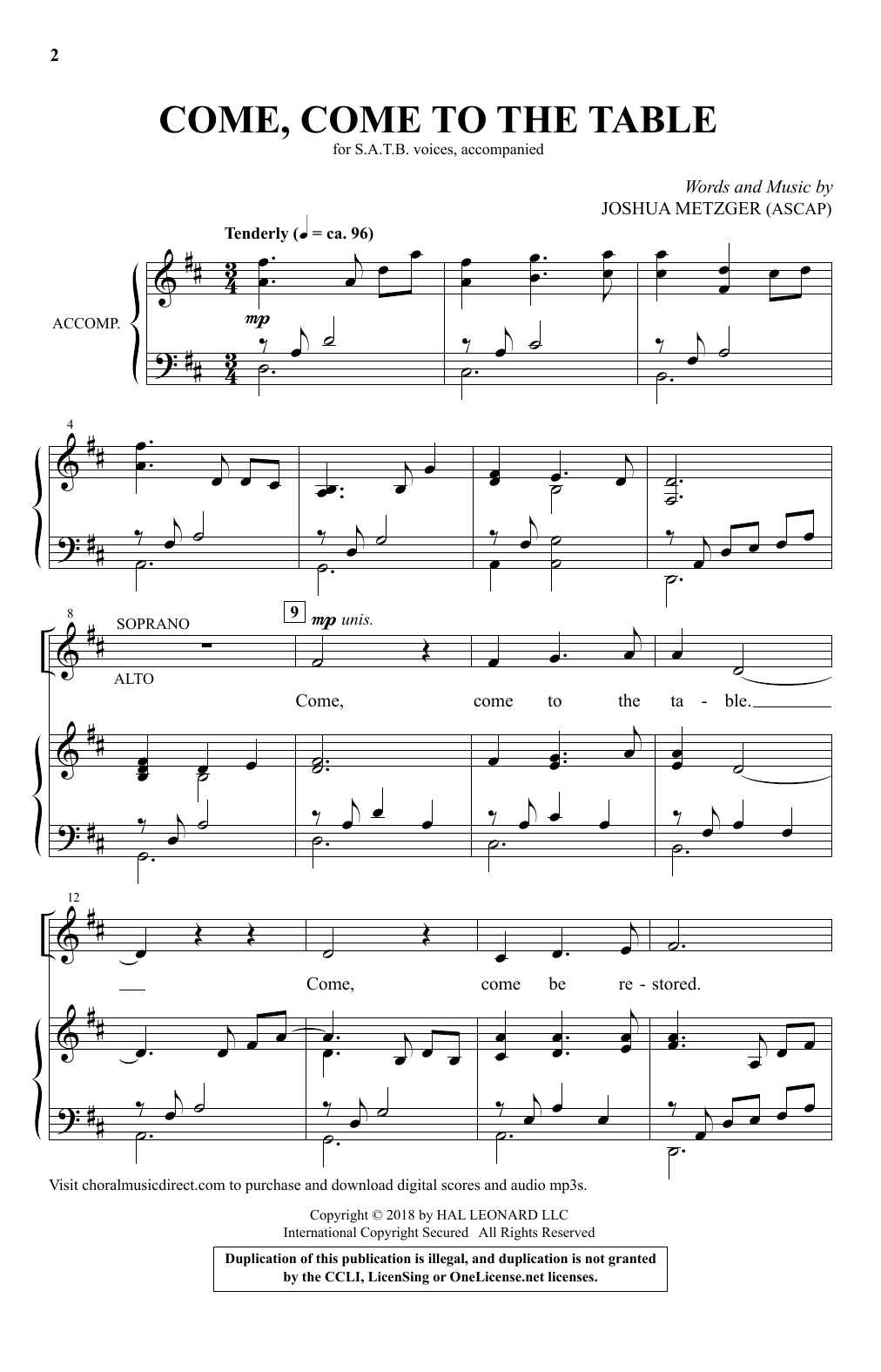 Joshua Metzger Come, Come To The Table Sheet Music