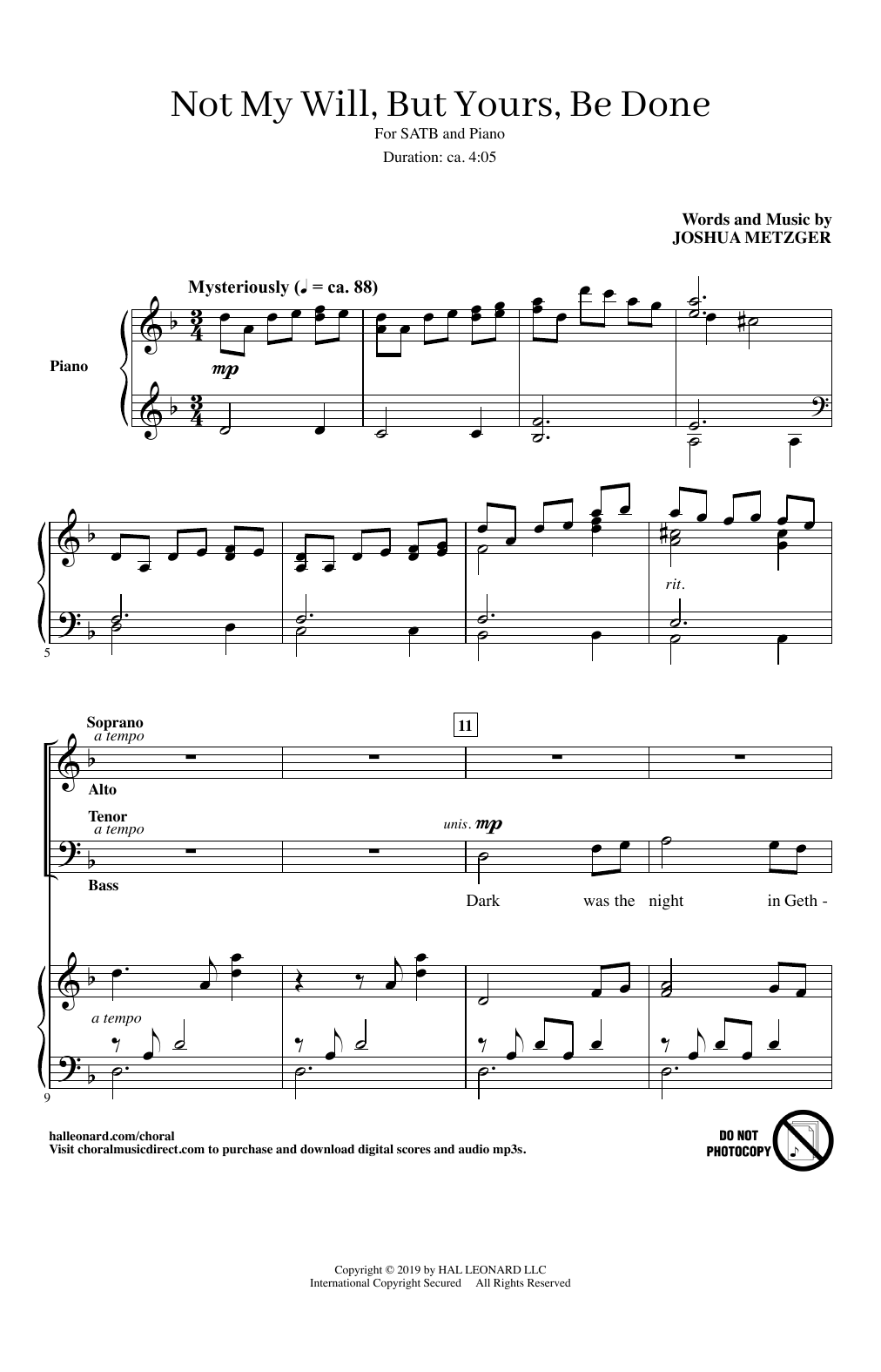 Joshua Metzger Not My Will, But Yours, Be Done Sheet Music