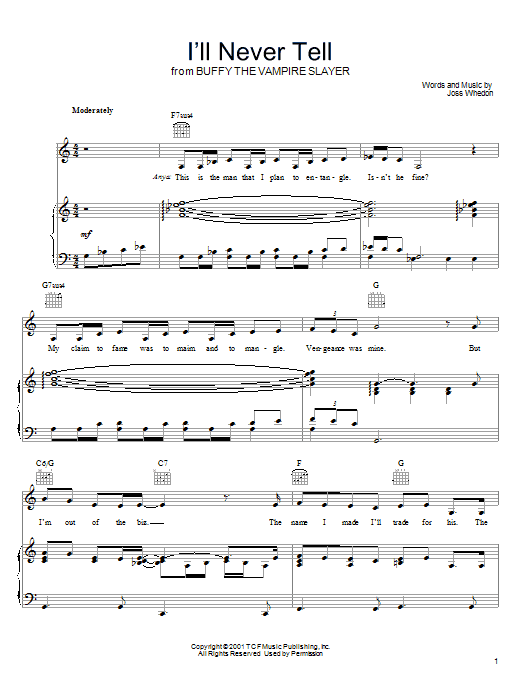 Joss Whedon I'll Never Tell Sheet Music
