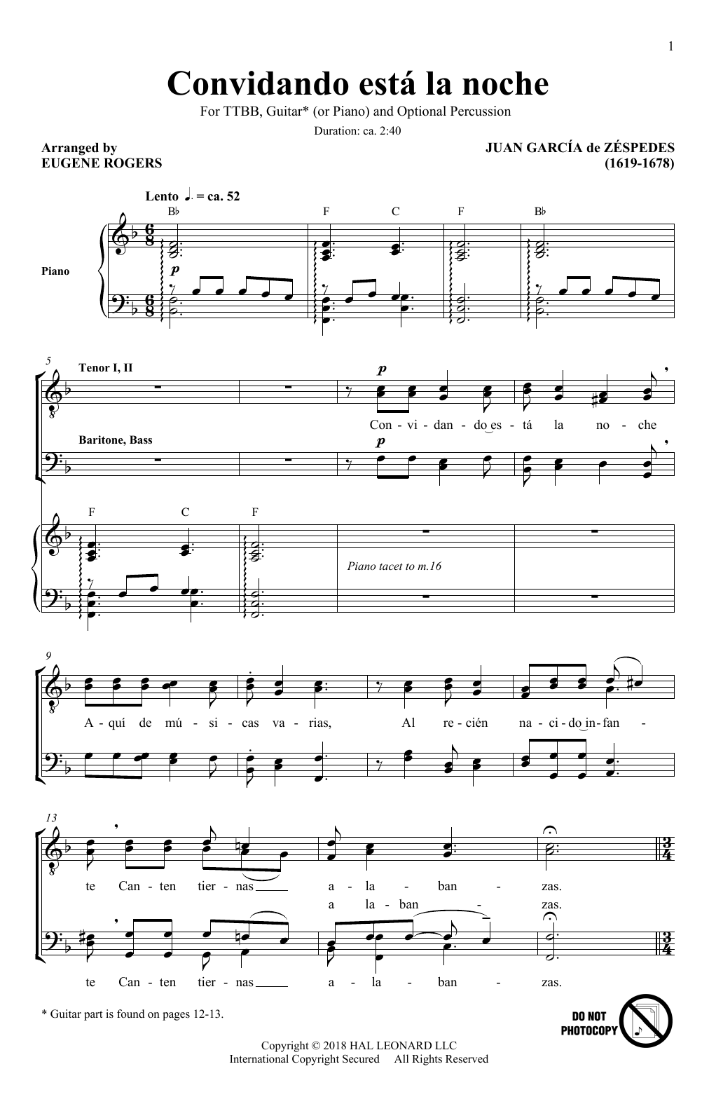 Juan Garcia De Zespedes Convidando Esta La Noche (arr. Eugene Rogers) Sheet Music