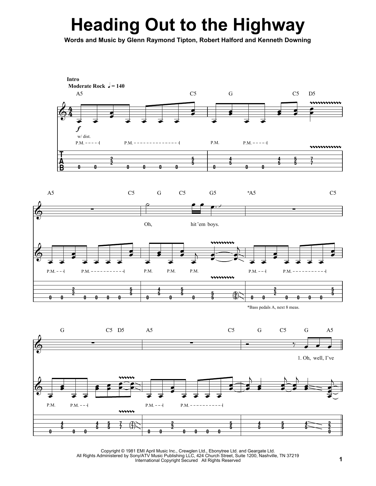 Judas Priest Heading Out To The Highway Sheet Music