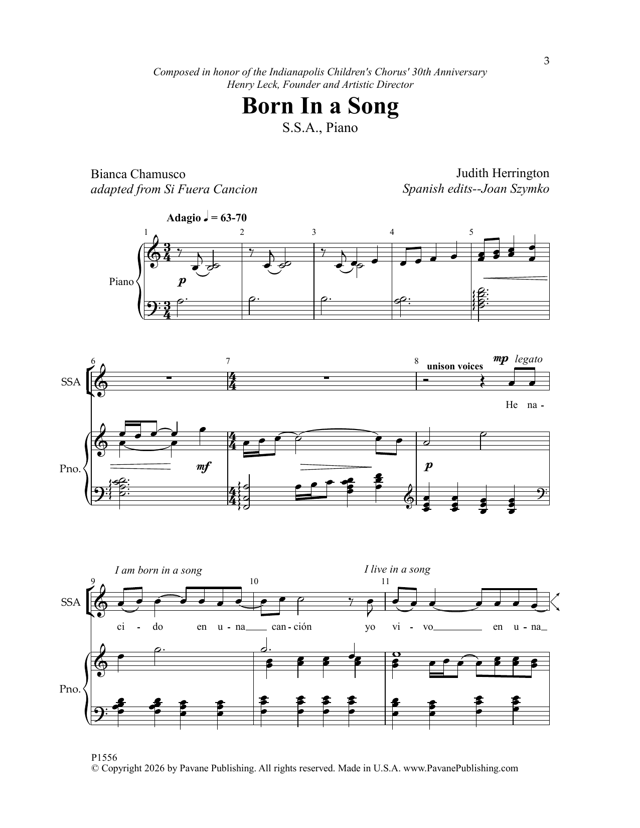Judith Herrington Born in a Song Sheet Music