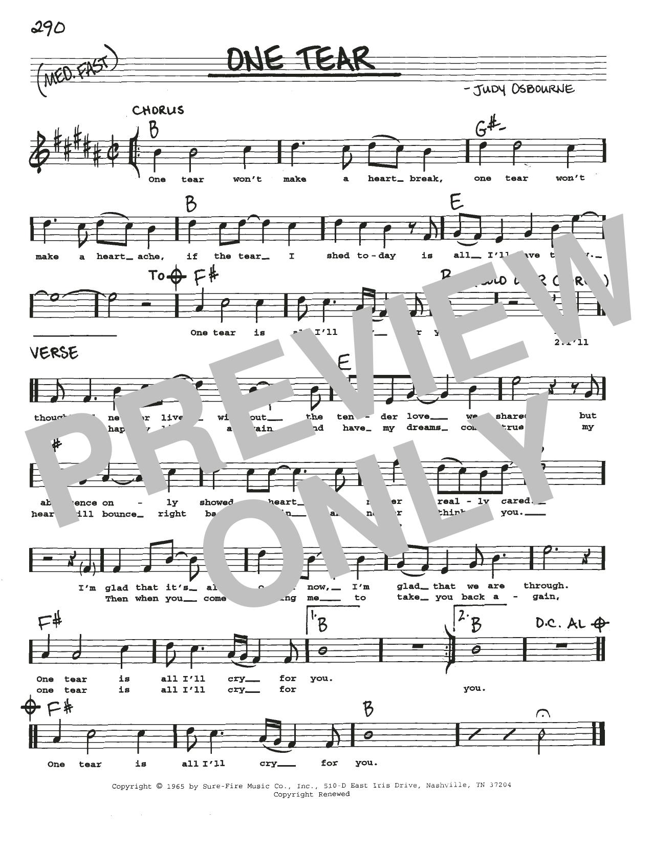 Judy Osborne One Tear Sheet Music