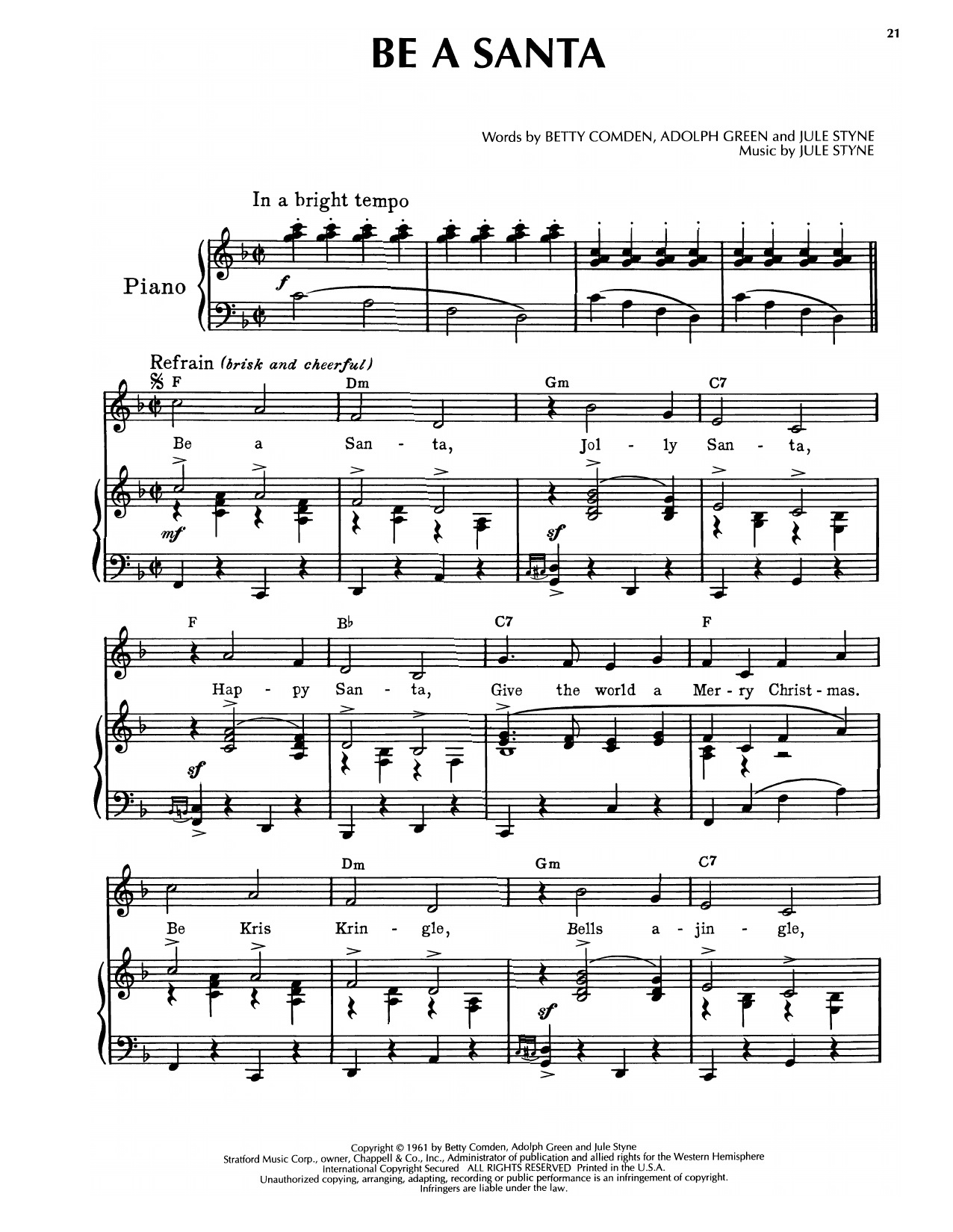 Jule Styne Be A Santa (from Subways Are For Sleeping) Sheet Music