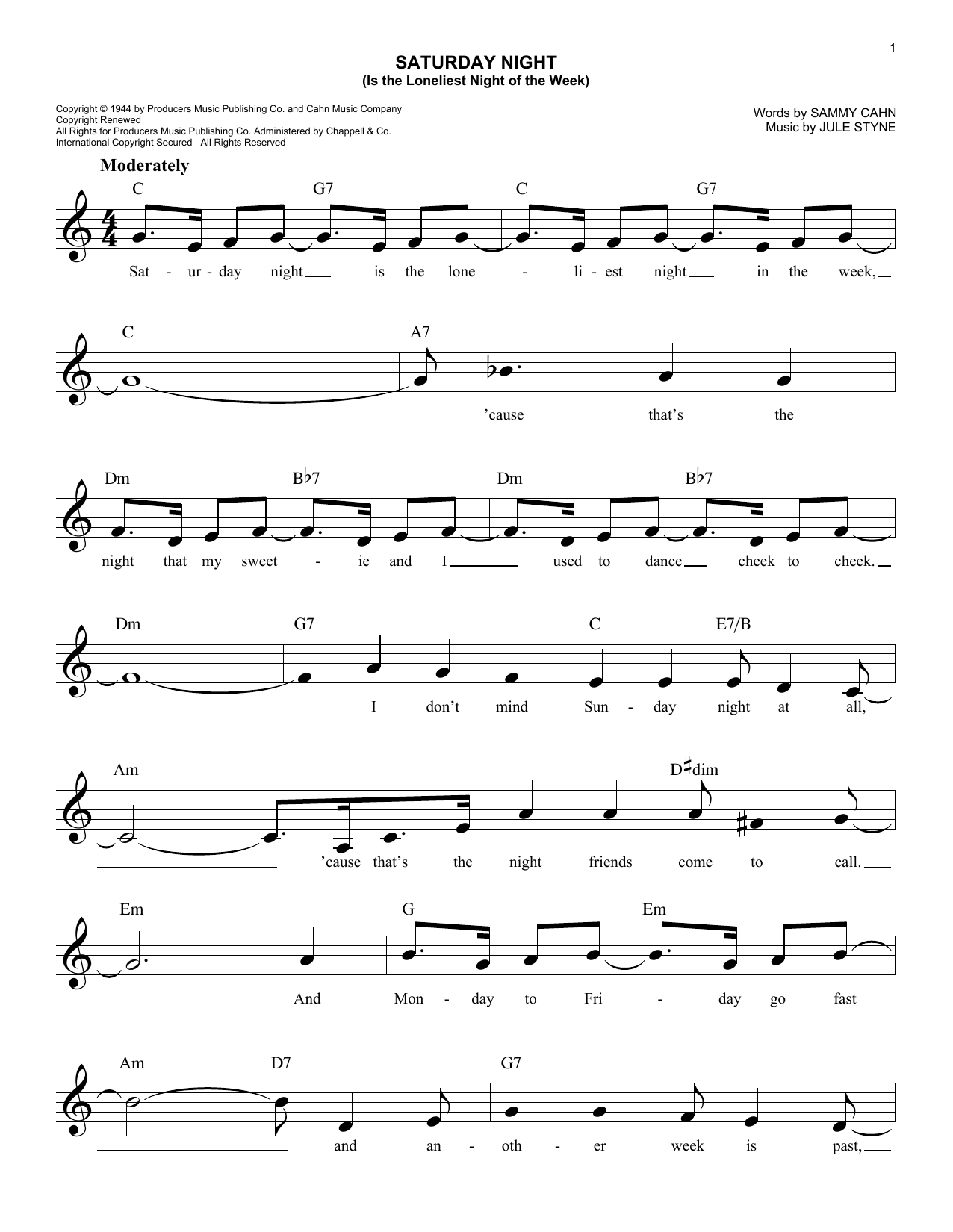 Jule Styne Saturday Night (Is The Loneliest Night Of The Week) Sheet Music