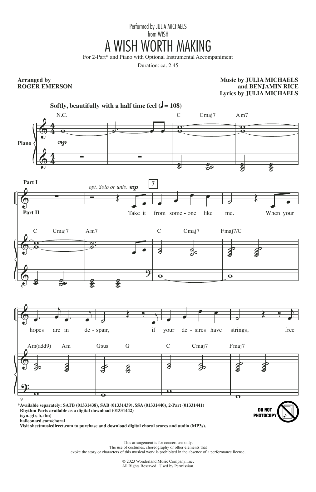 Julia Michaels A Wish Worth Making (from Wish) (arr. Roger Emerson) Sheet Music