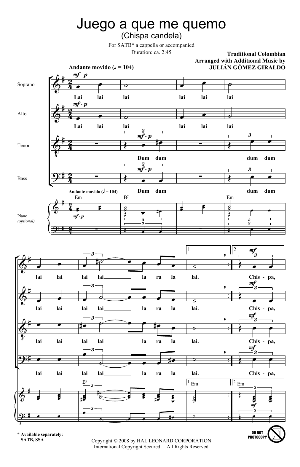Julian Gomez Giraldo Juego A Que Me Quemo (Chispa Candela) Sheet Music