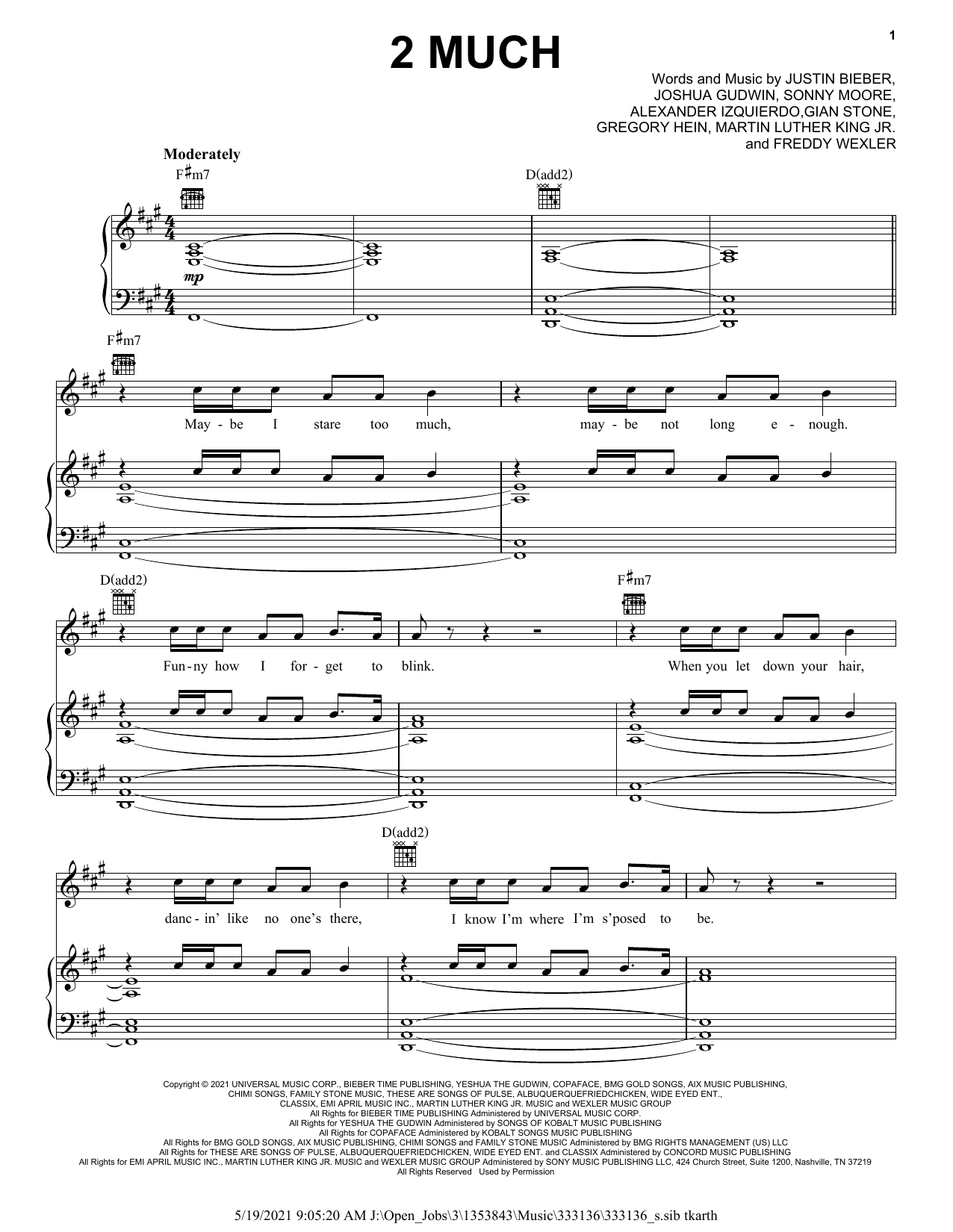 Justin Bieber 2 Much Sheet Music
